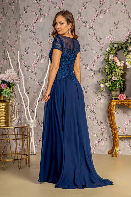Bead Embroidery Sheer Neckline Chiffon A-line Long Mother Of The Bride Dress GLGL3362