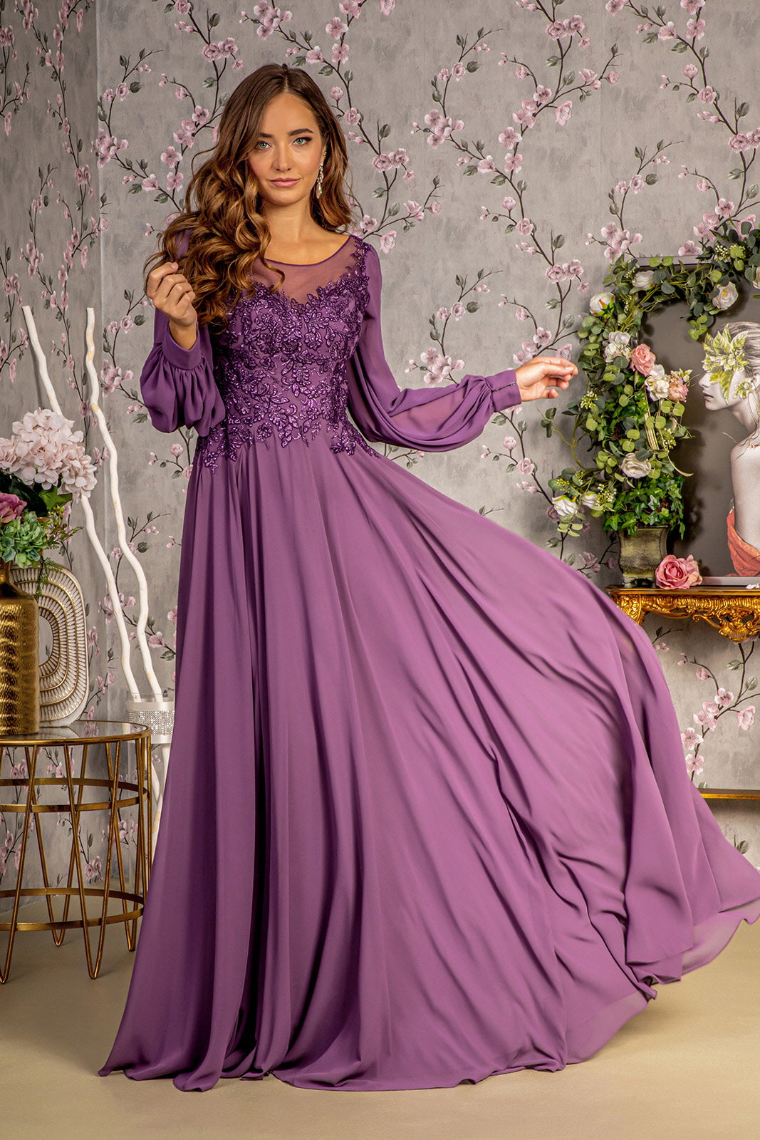 Floral Embroidery Sheer Boat Neckline Chiffon A-line Long Mother Of The Bride Dress GLGL3363