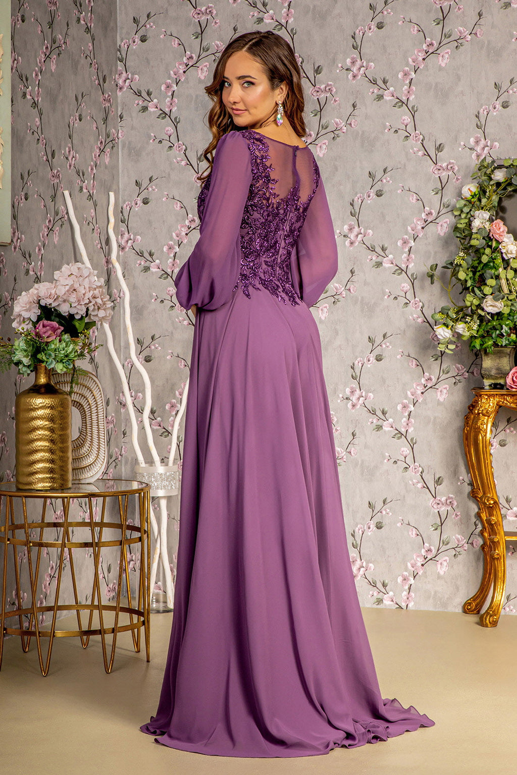 Floral Embroidery Sheer Boat Neckline Chiffon A-line Long Mother Of The Bride Dress GLGL3363