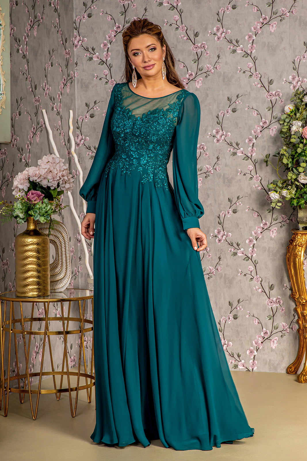 Floral Embroidery Sheer Boat Neckline Chiffon A-line Long Mother Of The Bride Dress GLGL3363