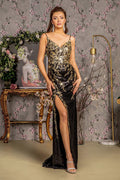 Metallic Sequin Glitter Mesh Mermaid Side Slit Long Prom Dress GLGL3370