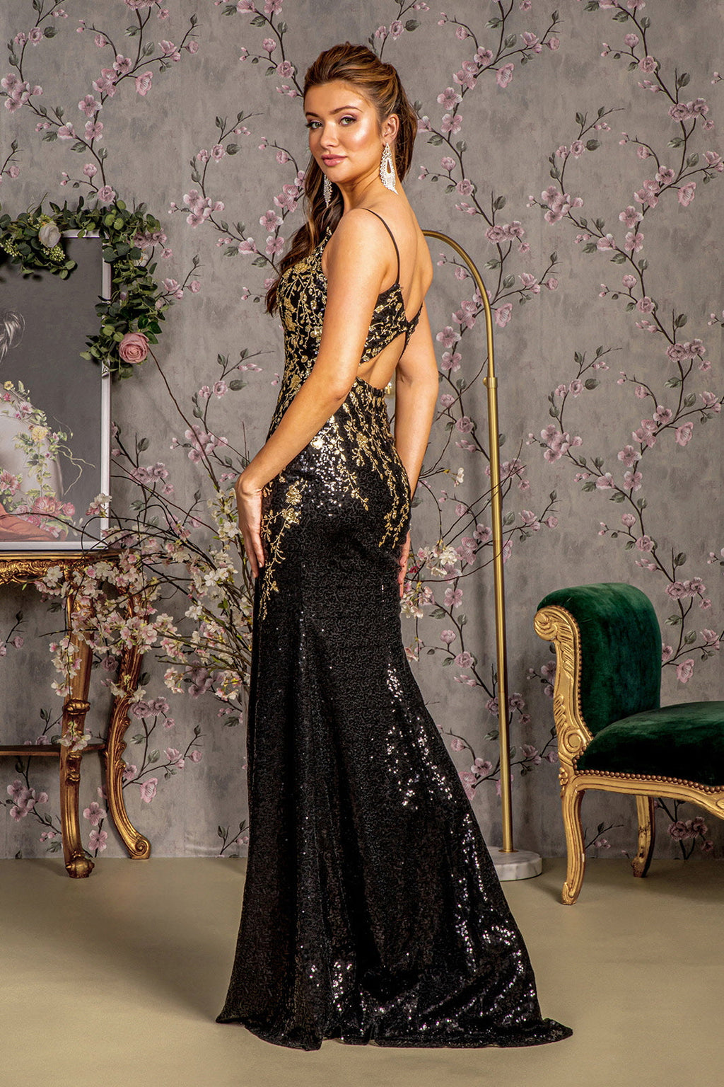 Metallic Sequin Glitter Mesh Mermaid Side Slit Long Prom Dress GLGL3370