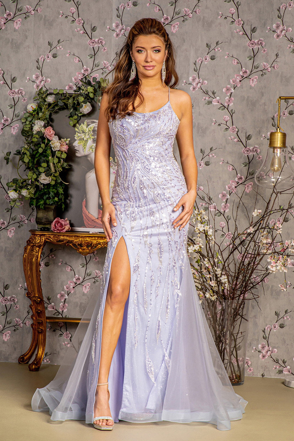 Metallic Embroidery Mesh Trumpet w/ Side Slit Long Prom Dress GLGL3382
