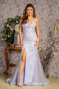 Metallic Embroidery Mesh Trumpet w/ Side Slit Long Prom Dress GLGL3382