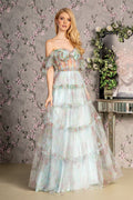 Sweetheart Off Shoulder Ruffle Mesh A-line Long Prom Dress GLGL3394