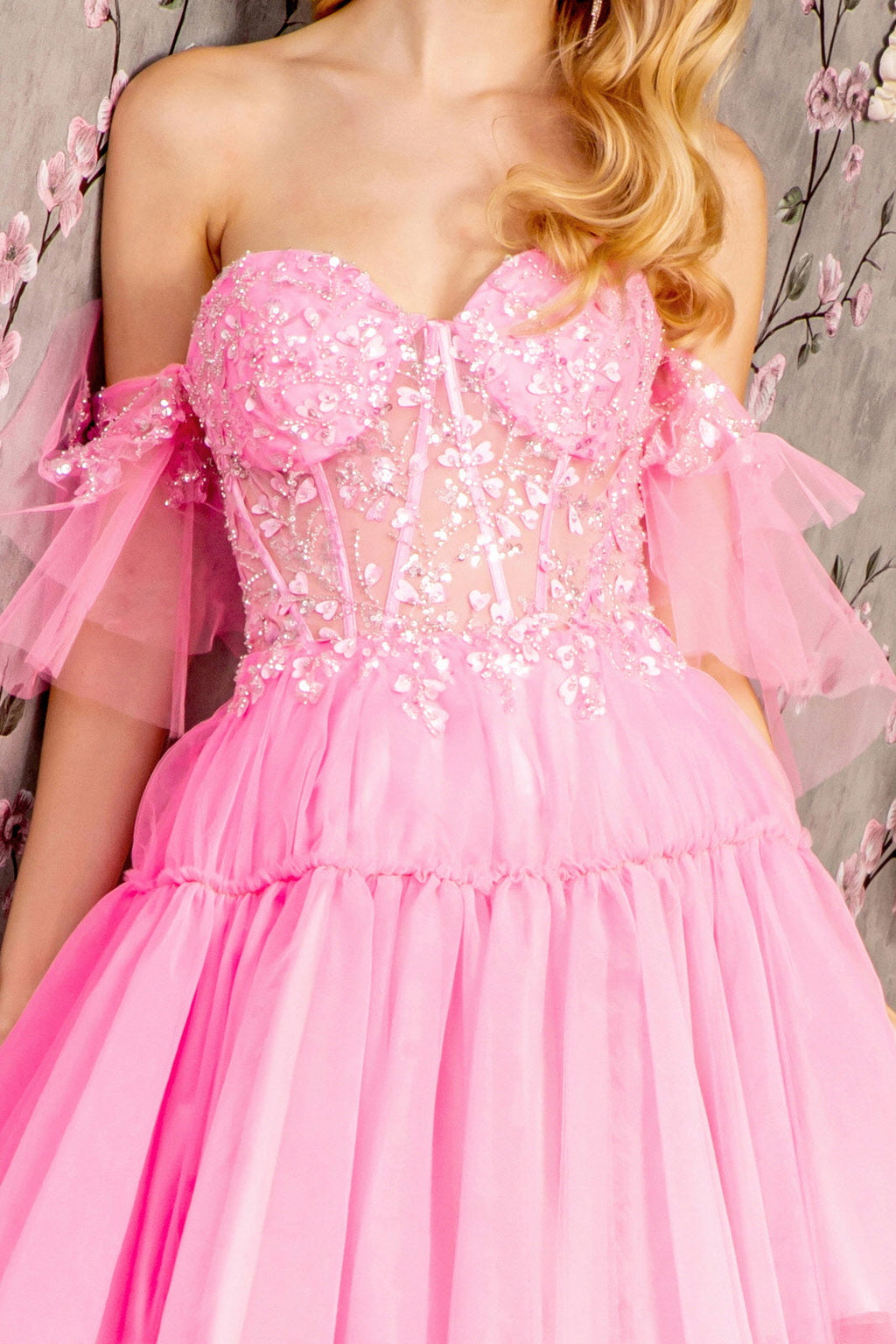 3D Heart Applique Bead Layered Skirt Mesh A-line Long Prom Dress GLGL3396