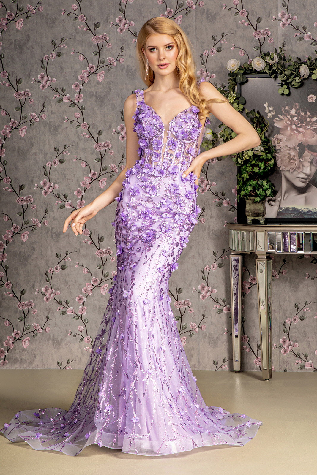 Jewel Glitter Sheer Bodice Mesh Mermaid Long Prom Dress GLGL3410