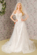 Jewel Glitter Sheer Bodice Mesh A-line w/ Long Mesh Cape Long Wedding Dress GLGL3423