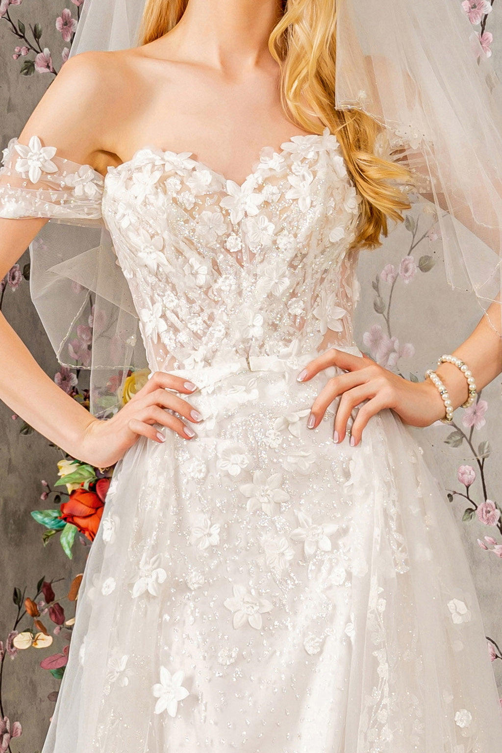 Jewel Glitter Sheer Bodice Mesh A-line w/ Long Mesh Cape Long Wedding Dress GLGL3423