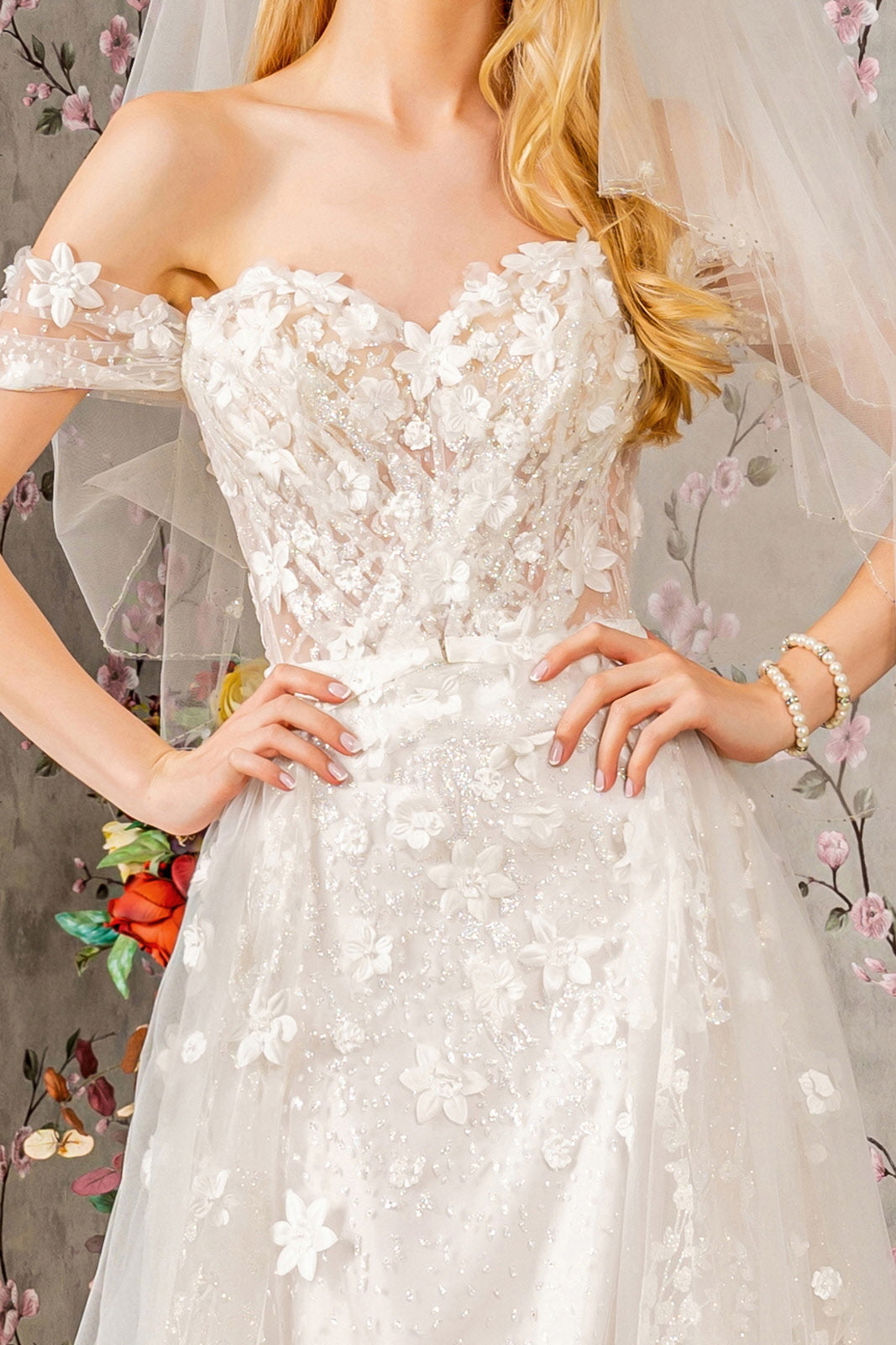 Jewel Glitter Sheer Bodice Mesh A-line w/ Long Mesh Cape Long Wedding Dress GLGL3423