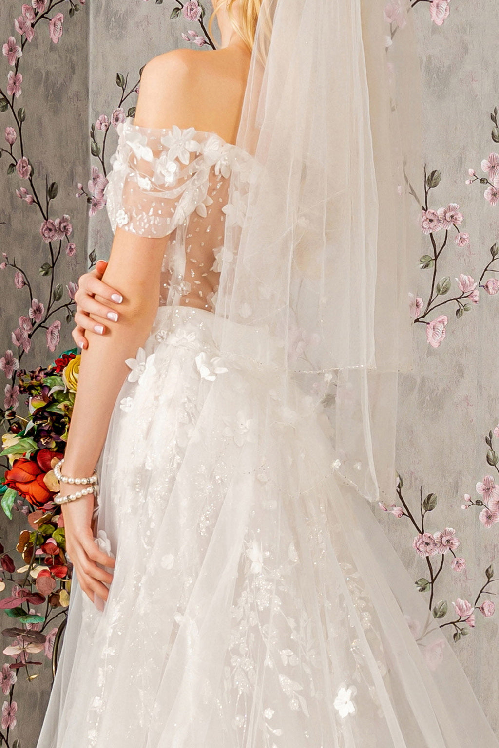 Jewel Glitter Sheer Bodice Mesh A-line w/ Long Mesh Cape Long Wedding Dress GLGL3423