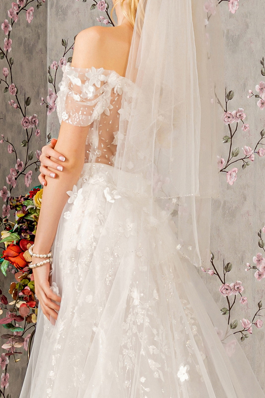 Jewel Glitter Sheer Bodice Mesh A-line w/ Long Mesh Cape Long Wedding Dress GLGL3423