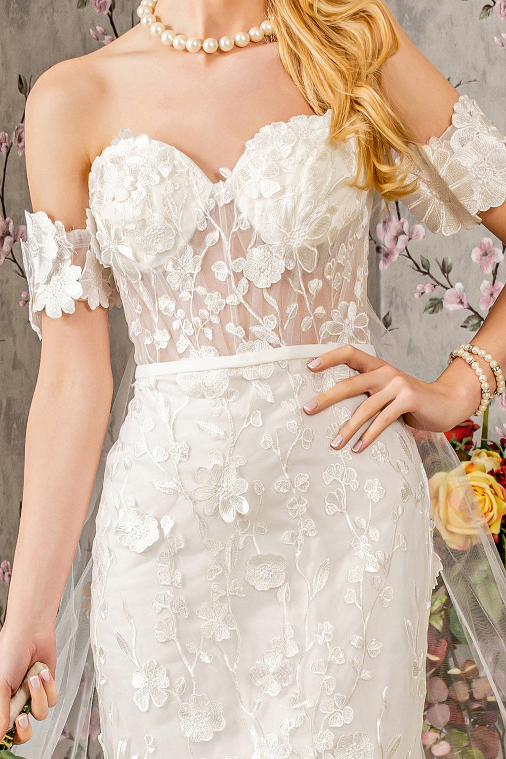 Floral Embroidery Mesh Mermaid w/ Long Back Drape Long Wedding Dress GLGL3424