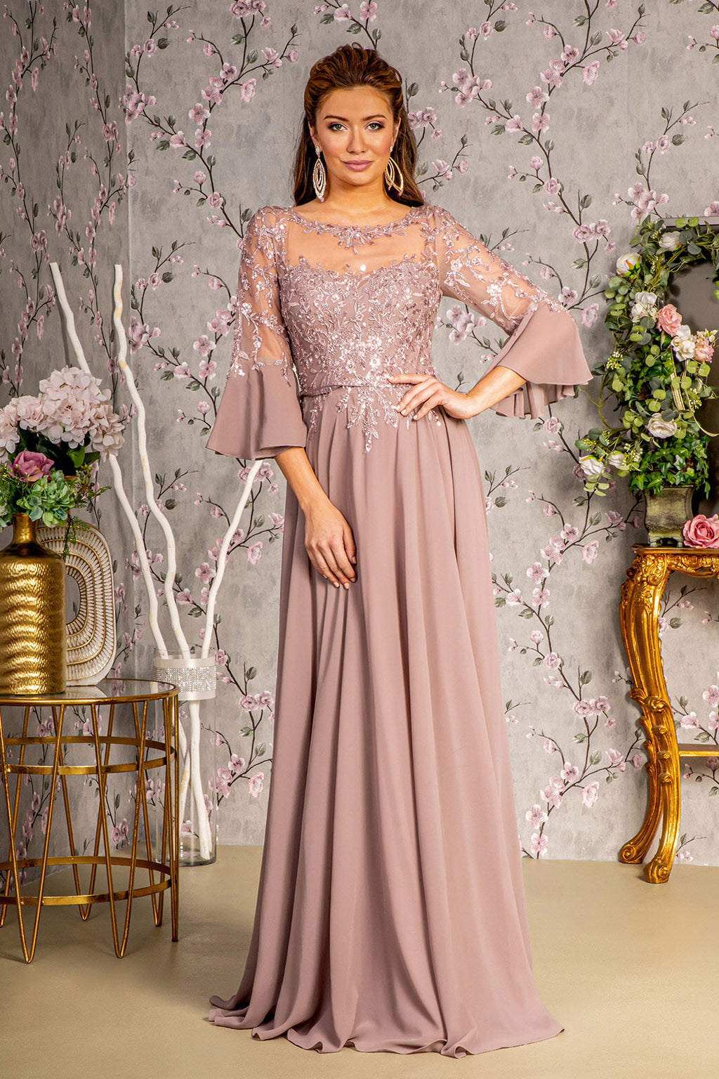 Floral Embroidery Bead Chiffon A-line Long Mother Of The Bride Dress GLGL3434