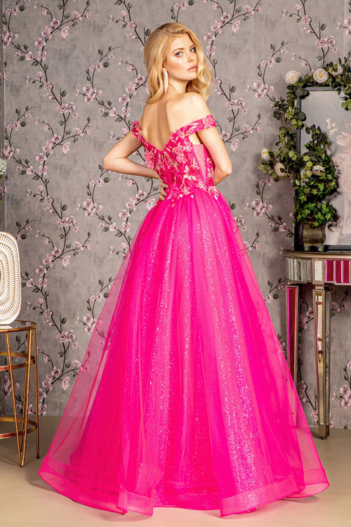3D Flower Emboridery Sheer Bodice Mesh A-line Long Prom Dress GLGL3443