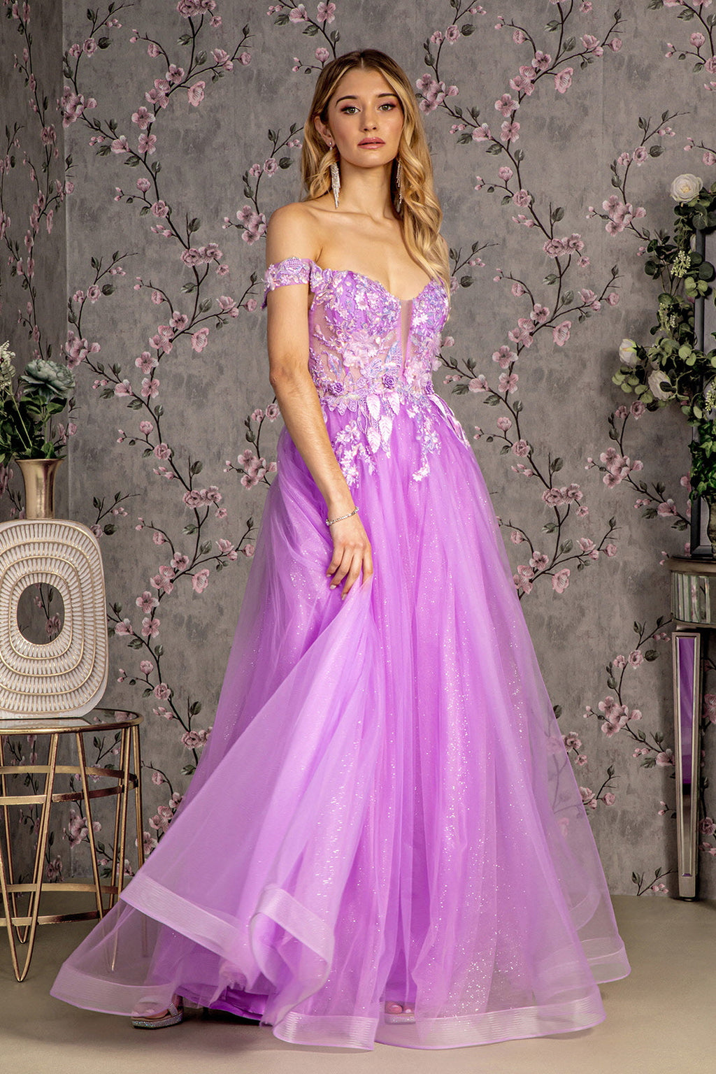3D Flower Emboridery Sheer Bodice Mesh A-line Long Prom Dress GLGL3443