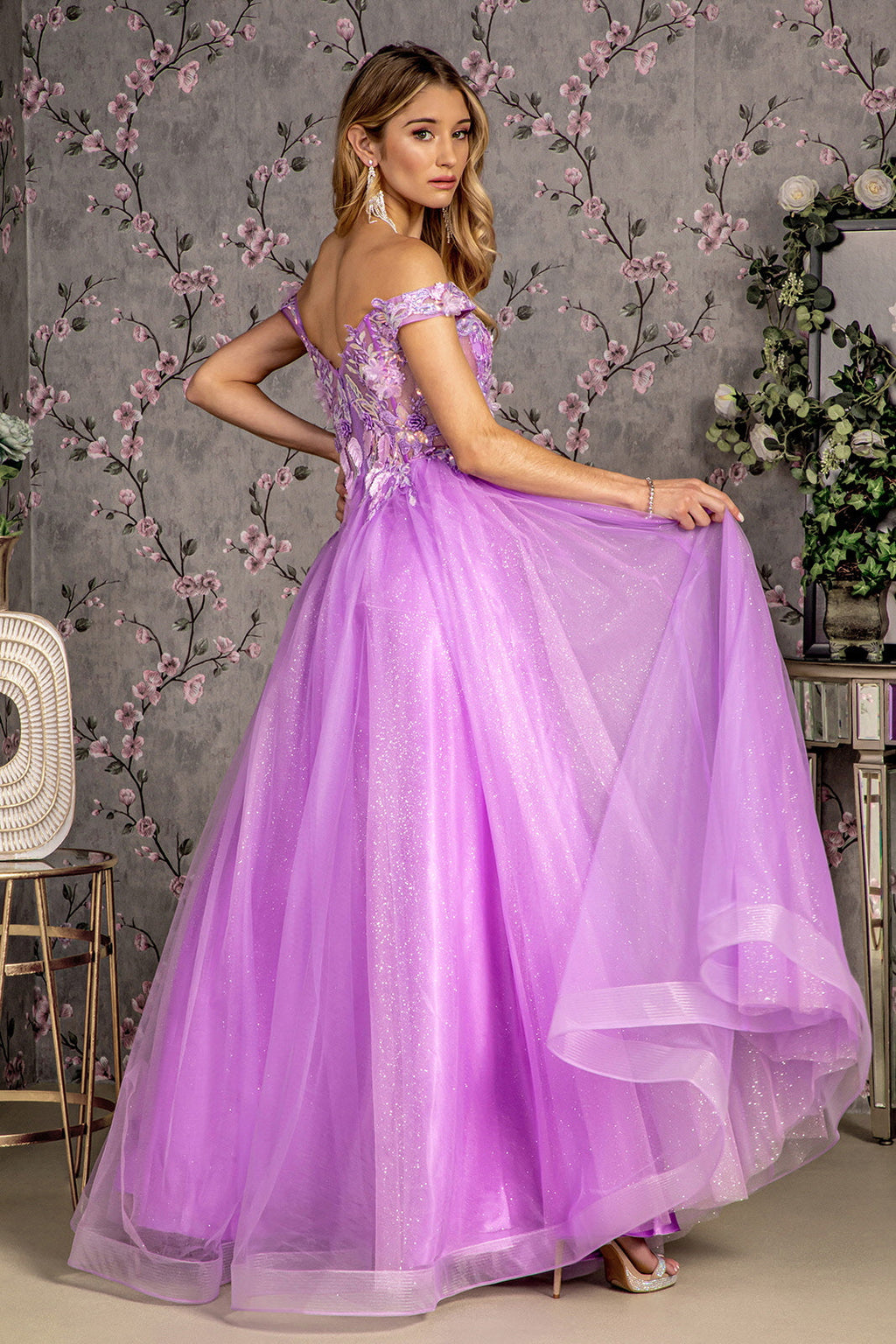 3D Flower Emboridery Sheer Bodice Mesh A-line Long Prom Dress GLGL3443