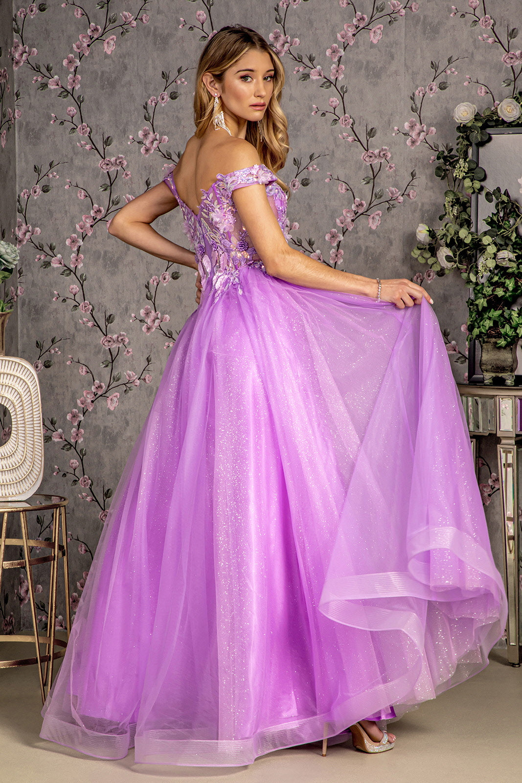 3D Flower Emboridery Sheer Bodice Mesh A-line Long Prom Dress GLGL3443