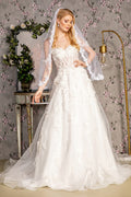 3D Flower Sequin Off Shoulder Mesh A-line w/ Side Drapes Long Wedding Dress GLGL3448