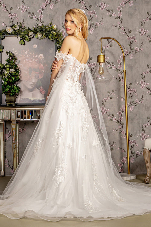 3D Flower Sequin Off Shoulder Mesh A-line w/ Side Drapes Long Wedding Dress GLGL3448