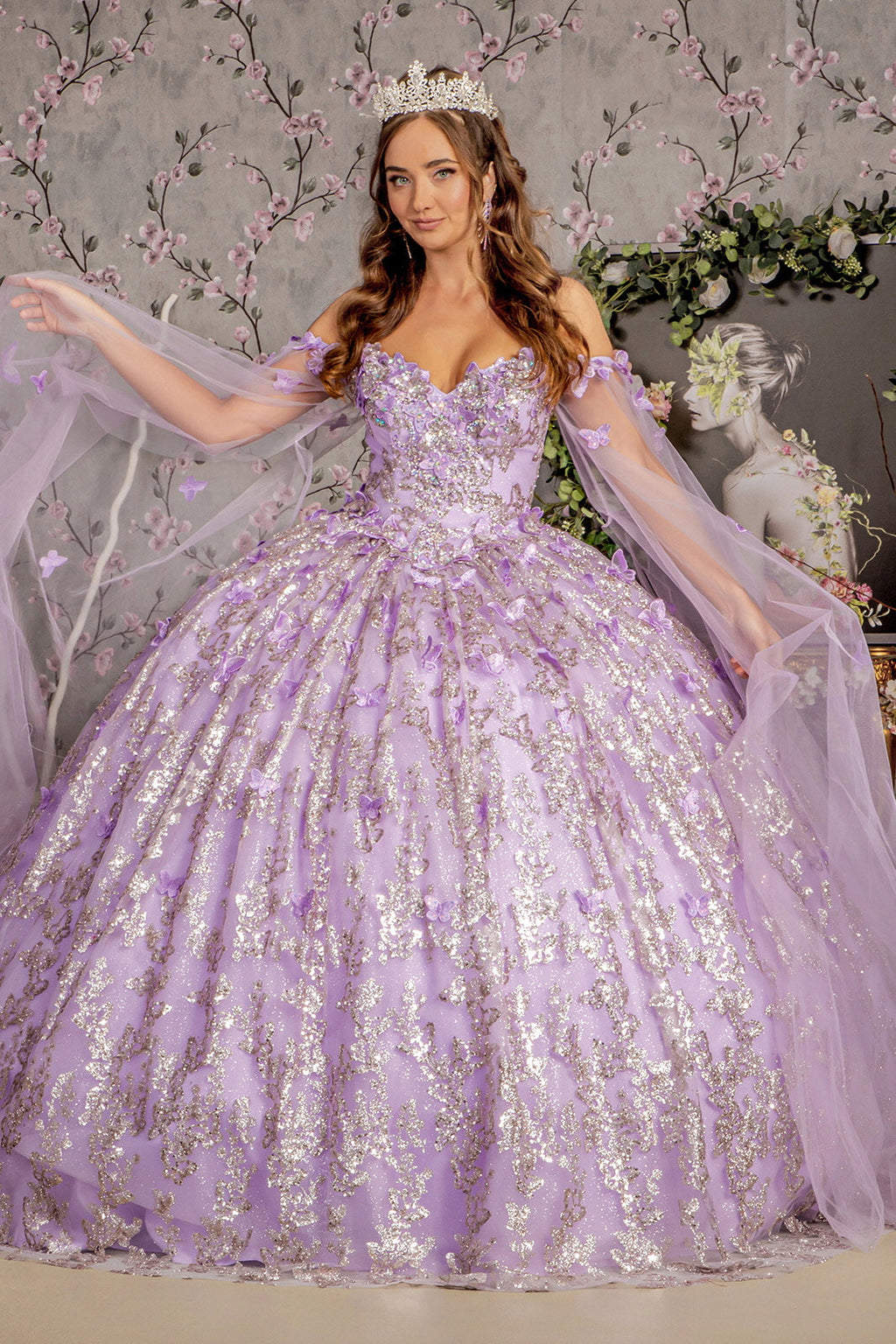 Jewel 3D Butterfly Mesh w/ Long Sheer Sleeve Drapes Long Quinceanera Dress GLGL3451