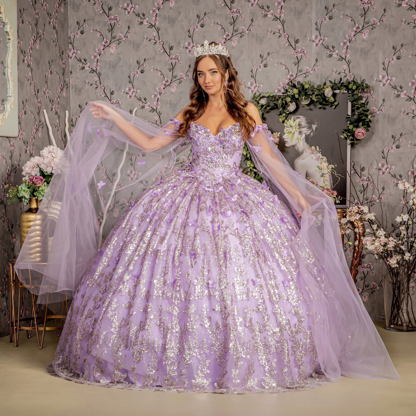 Jewel 3D Butterfly Mesh w/ Long Sheer Sleeve Drapes Long Quinceanera Dress GLGL3451