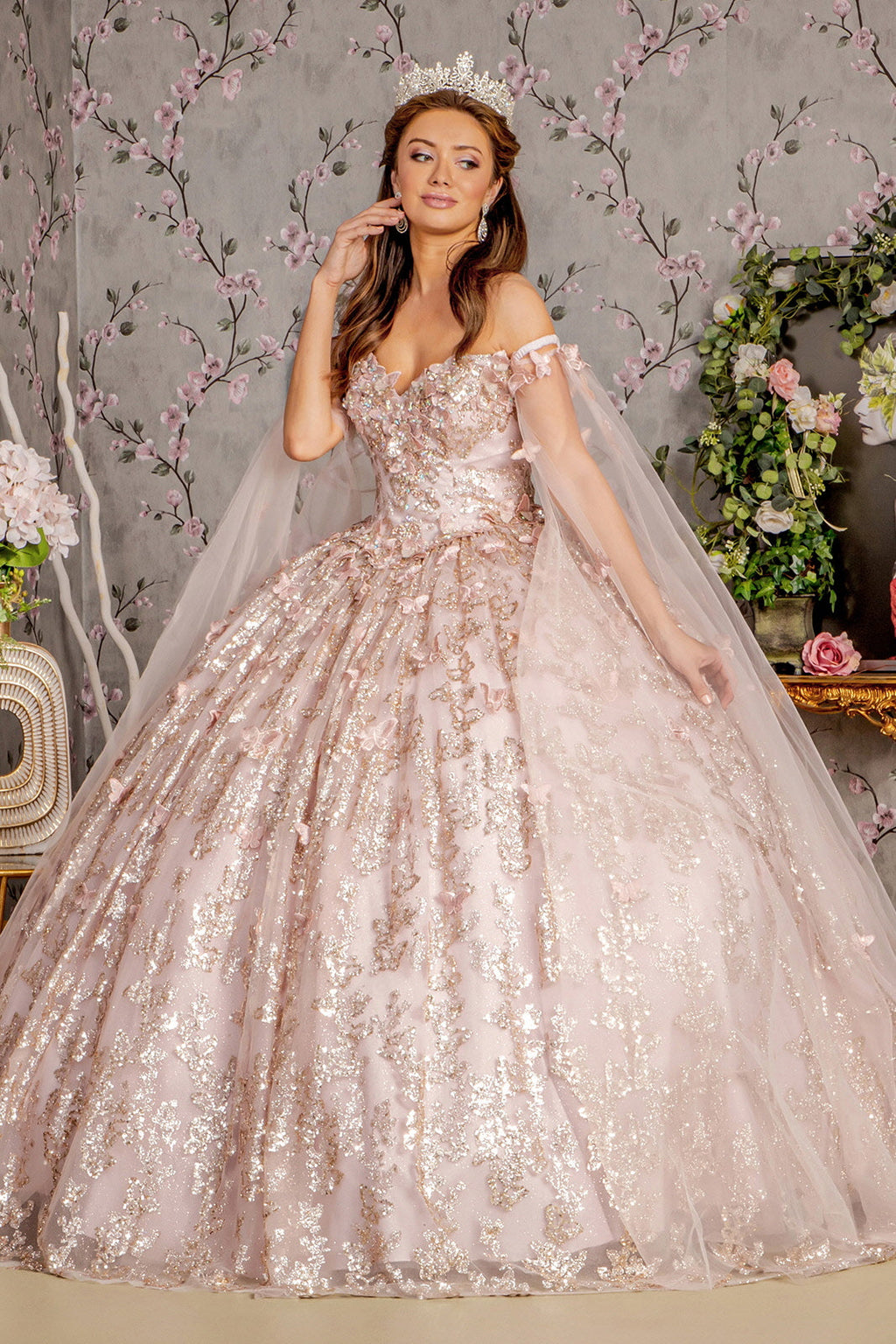 Jewel 3D Butterfly Mesh w/ Long Sheer Sleeve Drapes Long Quinceanera Dress GLGL3451
