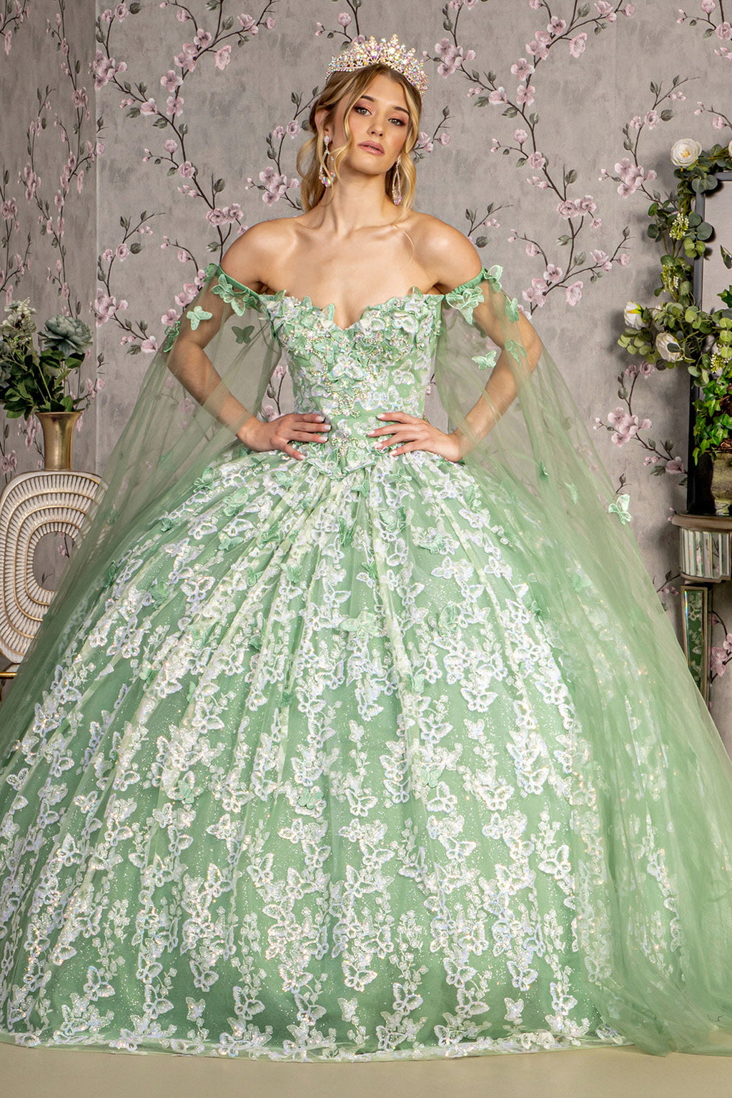 Jewel 3D Butterfly Mesh w/ Long Sheer Sleeve Drapes Long Quinceanera Dress GLGL3451