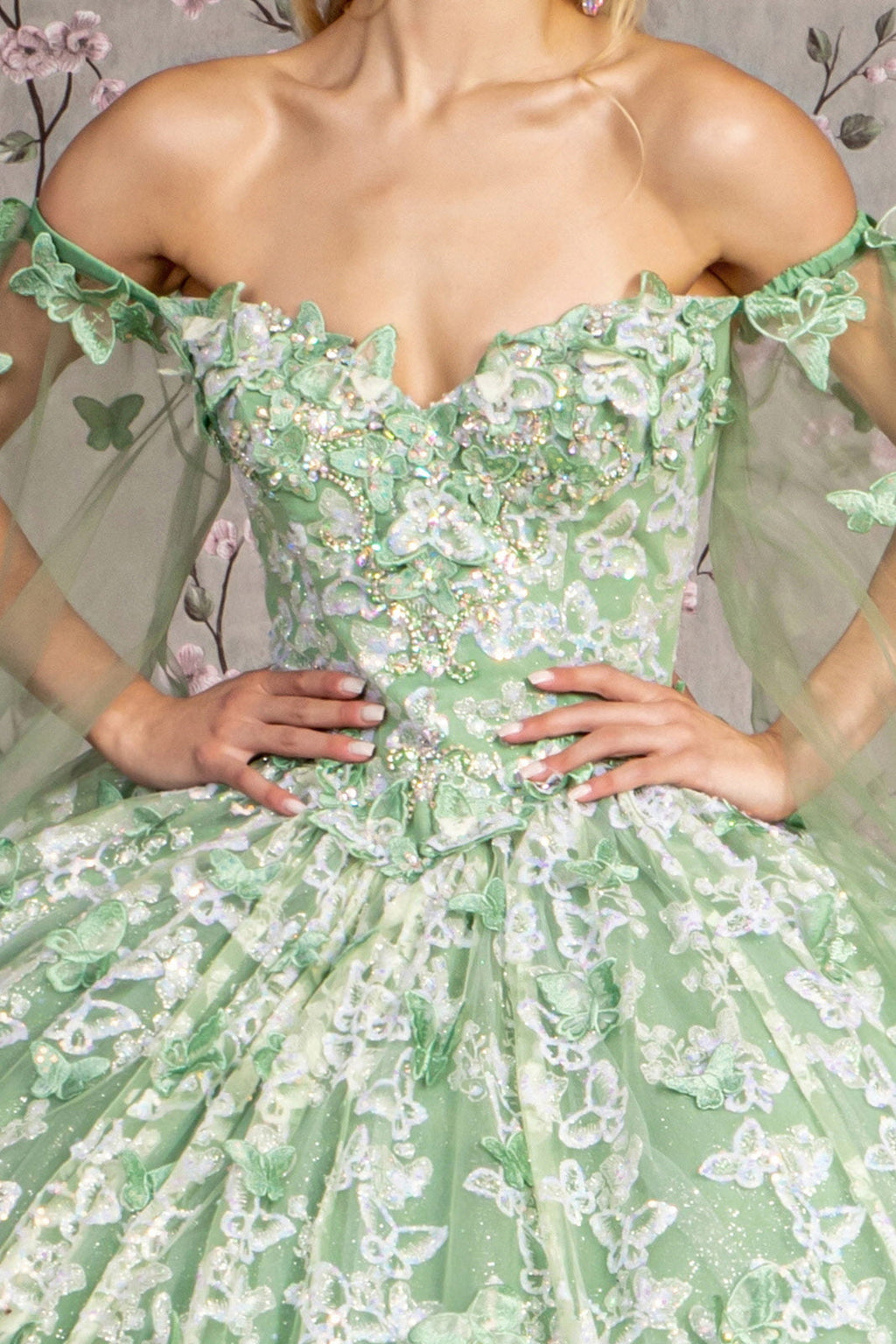 Jewel 3D Butterfly Mesh w/ Long Sheer Sleeve Drapes Long Quinceanera Dress GLGL3451