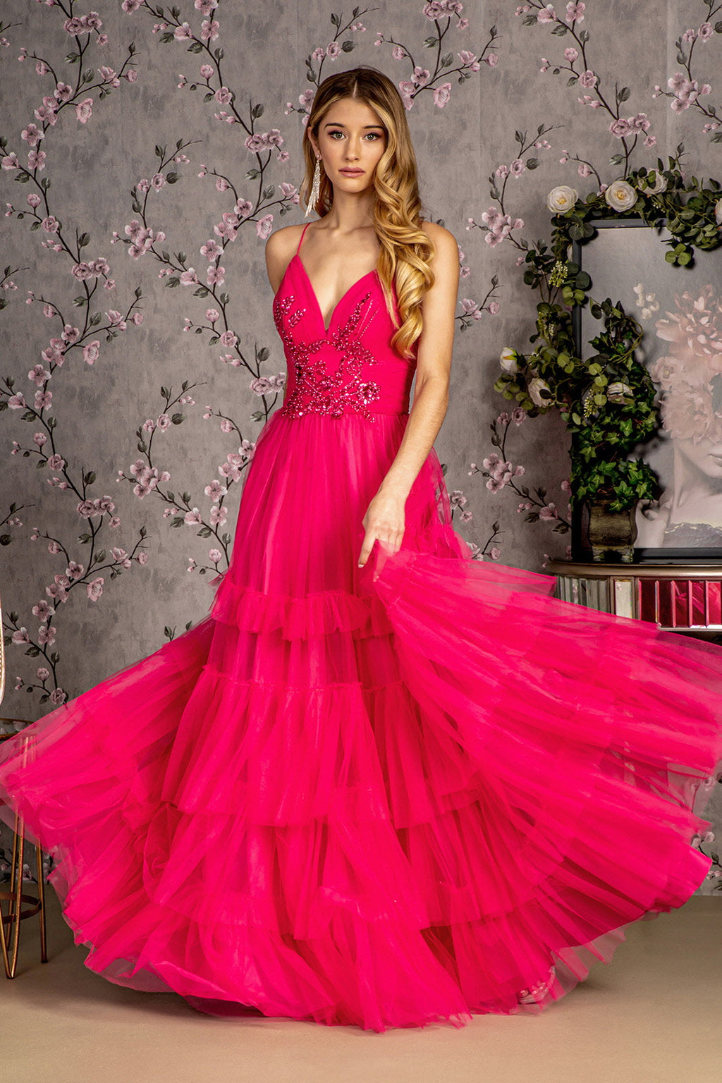 Sequin Bead Sweetheart Ruffled Skirt Mesh A-line Long Prom Dress GLGL3452