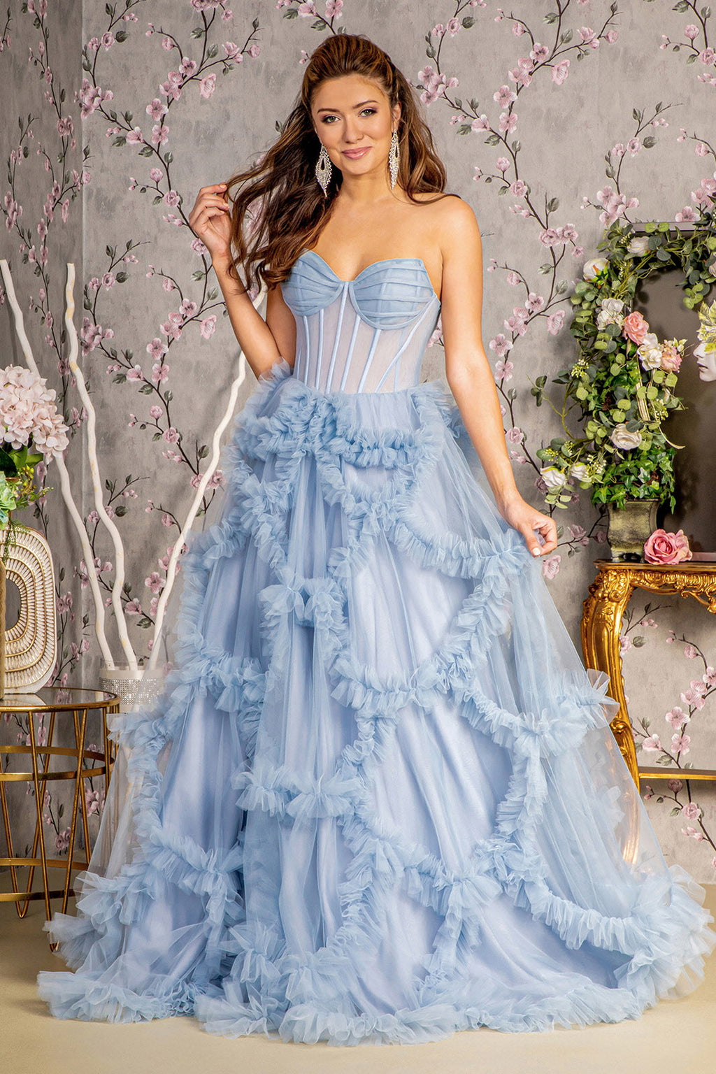 Strapless Sheer Bodice Ruffled Skirt Mesh A-line Long Prom Dress GLGL3455
