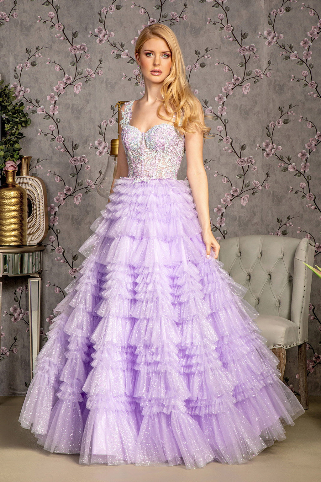 Glitter Bead Sheer Bodice Ruffled Skirt Mesh A-line Long Prom Dress GLGL3460