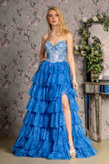 Embroidery Sequin Sheer Bodice Ruffled Skirt Mesh A-line Long Prom Dress GLGL3461