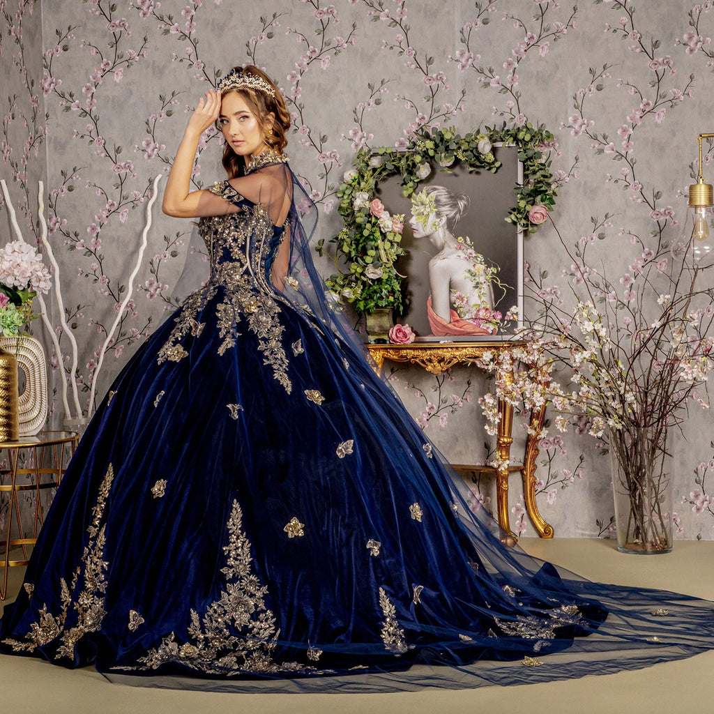 Metallic Embroidery Jewel Velvet w/ Long Mesh Cape Long Ball Dress GLGL3471