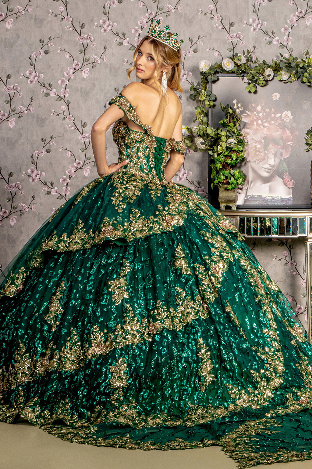 Metallic Embroidery Sheer Bodice Jewel Mesh Long Ball Dress GLGL3477