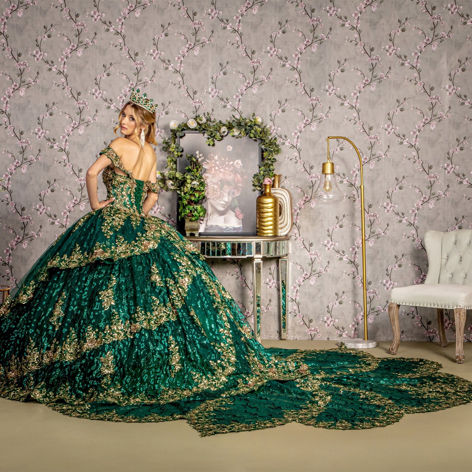 Metallic Embroidery Sheer Bodice Jewel Mesh Long Ball Dress GLGL3477