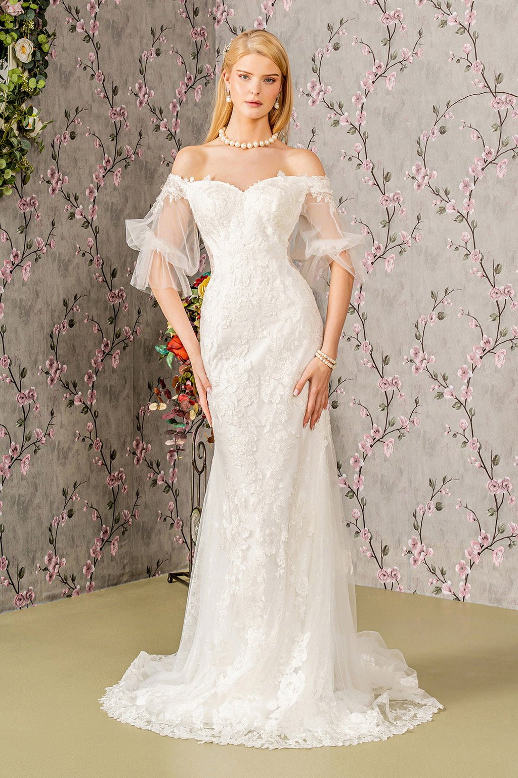 Floral Embroidery Bead Sheer Sleeves Mesh Mermaid Long Wedding Dress GLGL3479