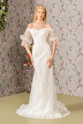 Floral Embroidery Bead Sheer Sleeves Mesh Mermaid Long Wedding Dress GLGL3479