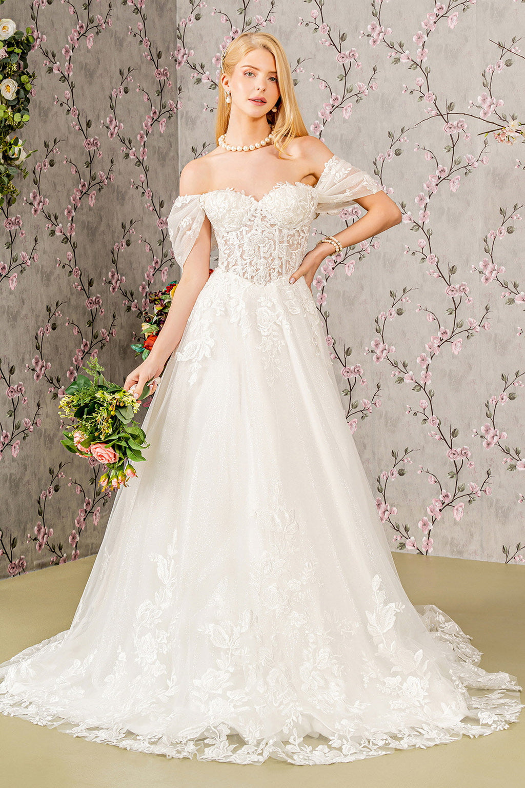 Floral Embroidery Sheer Bodice Mesh A-line Long Wedding Dress GLGL3480