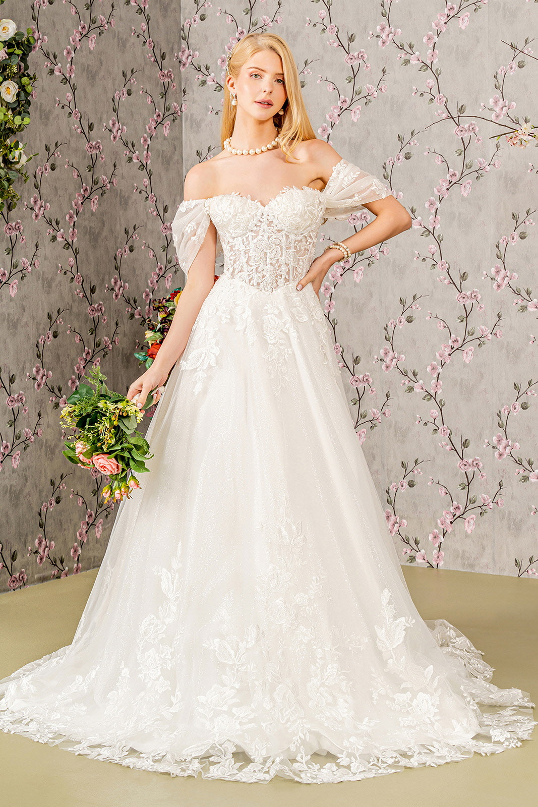 Floral Embroidery Sheer Bodice Mesh A-line Long Wedding Dress GLGL3480