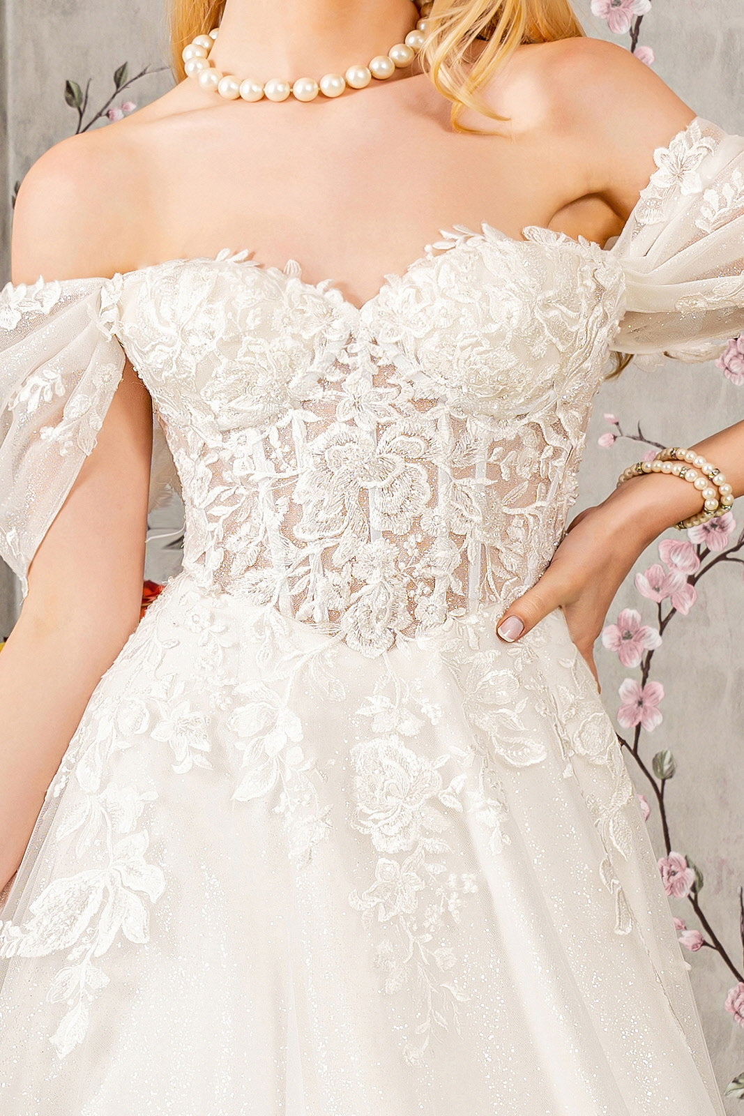 Floral Embroidery Sheer Bodice Mesh A-line Long Wedding Dress GLGL3480