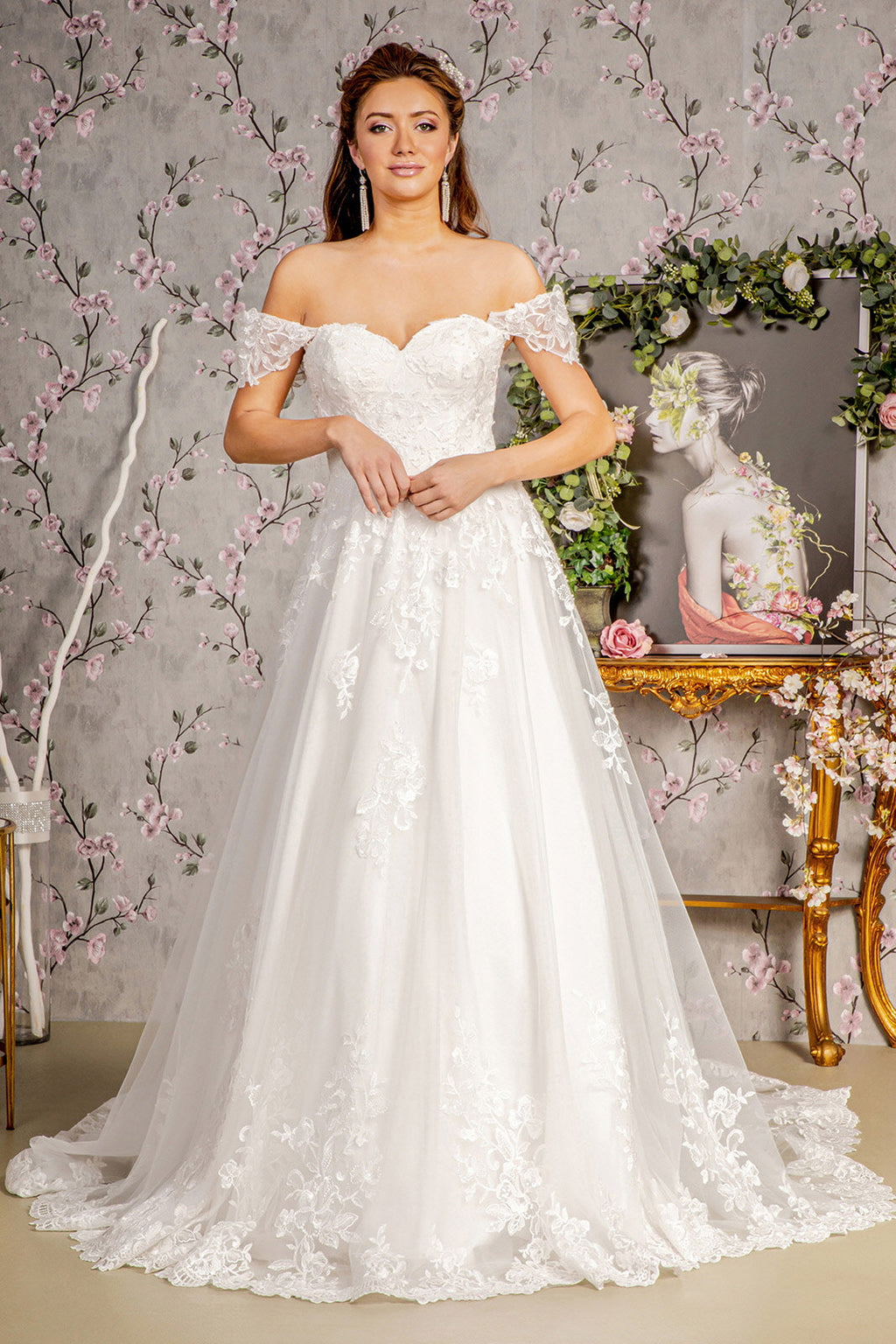 Jewel Embroidery Off Shoulder Mesh A-line Long Wedding Dress GLGL3481