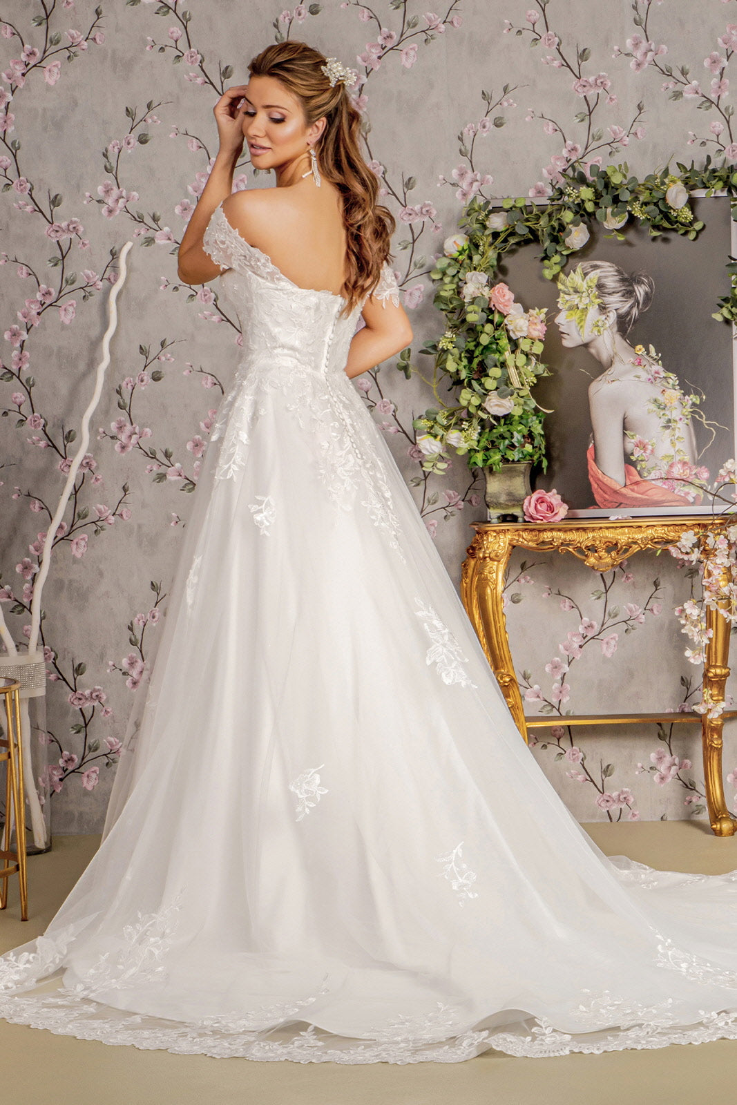 Jewel Embroidery Off Shoulder Mesh A-line Long Wedding Dress GLGL3481