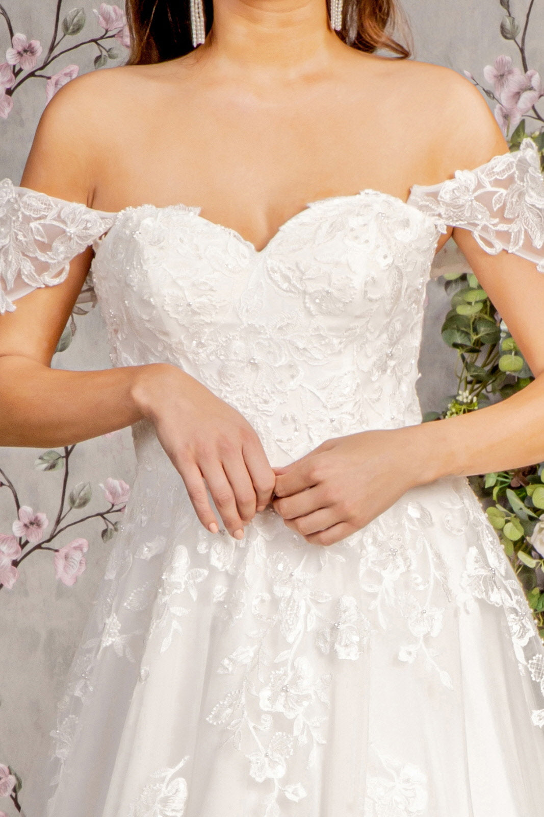 Jewel Embroidery Off Shoulder Mesh A-line Long Wedding Dress GLGL3481