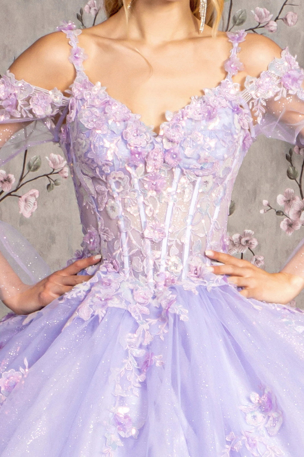 Jewel Glitter Sequin Sweetheart Mesh w/ Long Sleeves Long Ball Dress GLGL3484