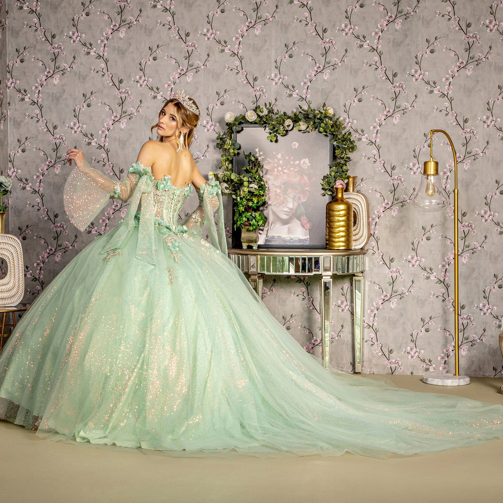 3D Flower Jewel Sheer Bodice Mesh w/ Long Sleeves Long Ball Dress GLGL3486