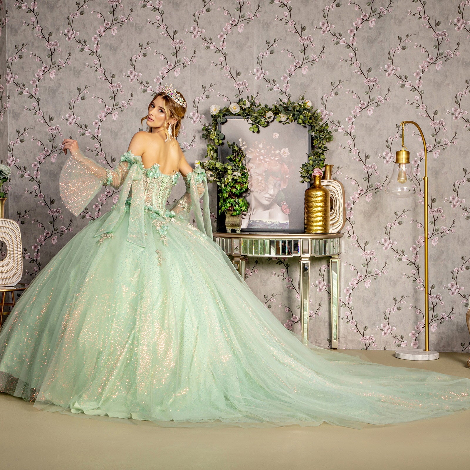 3D Flower Jewel Sheer Bodice Mesh w/ Long Sleeves Long Ball Dress GLGL3486