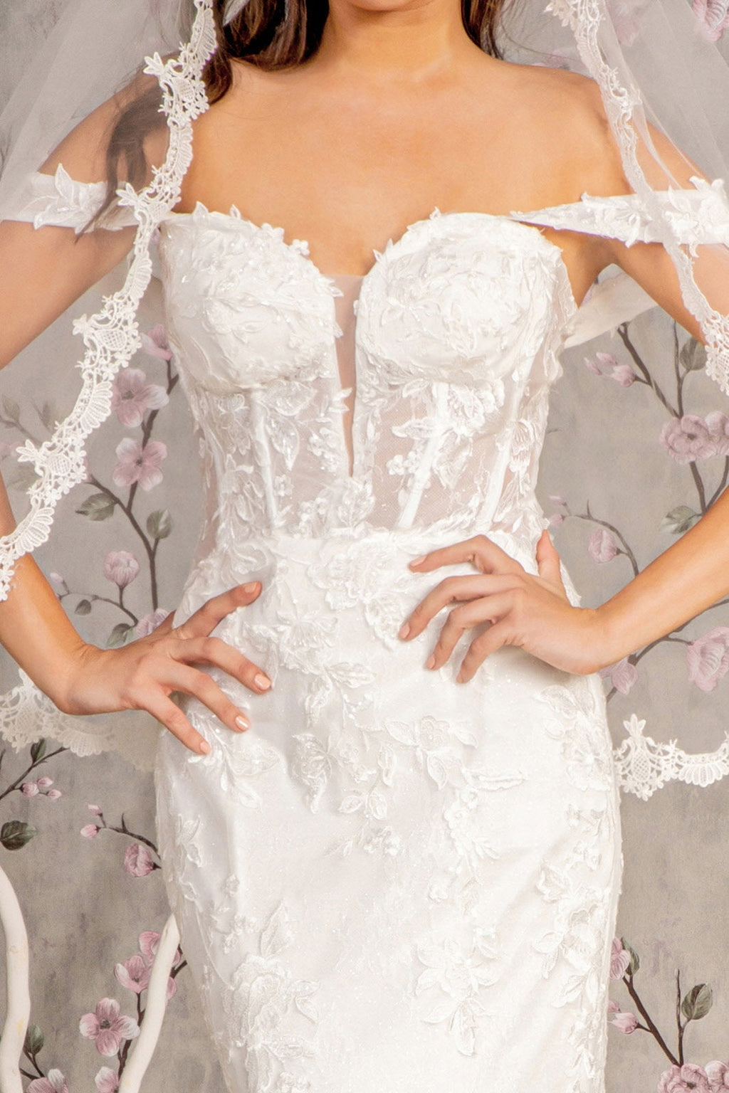 Glitter Off Shoulder Sheer Bodice Mesh Mermaid Long Wedding Dress GLGL3488