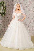 Embroidery Sheer Bodice Off Shoulder Mesh A-line Long Wedding Dress GLGL3489