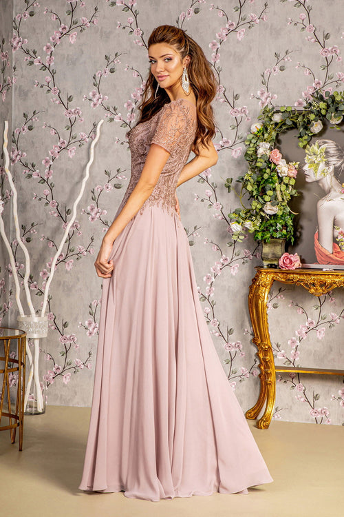 Bead Embroidery Sheer Short Sleeves A-line Mesh Long Mother Of The Bride Dress GLGL3492